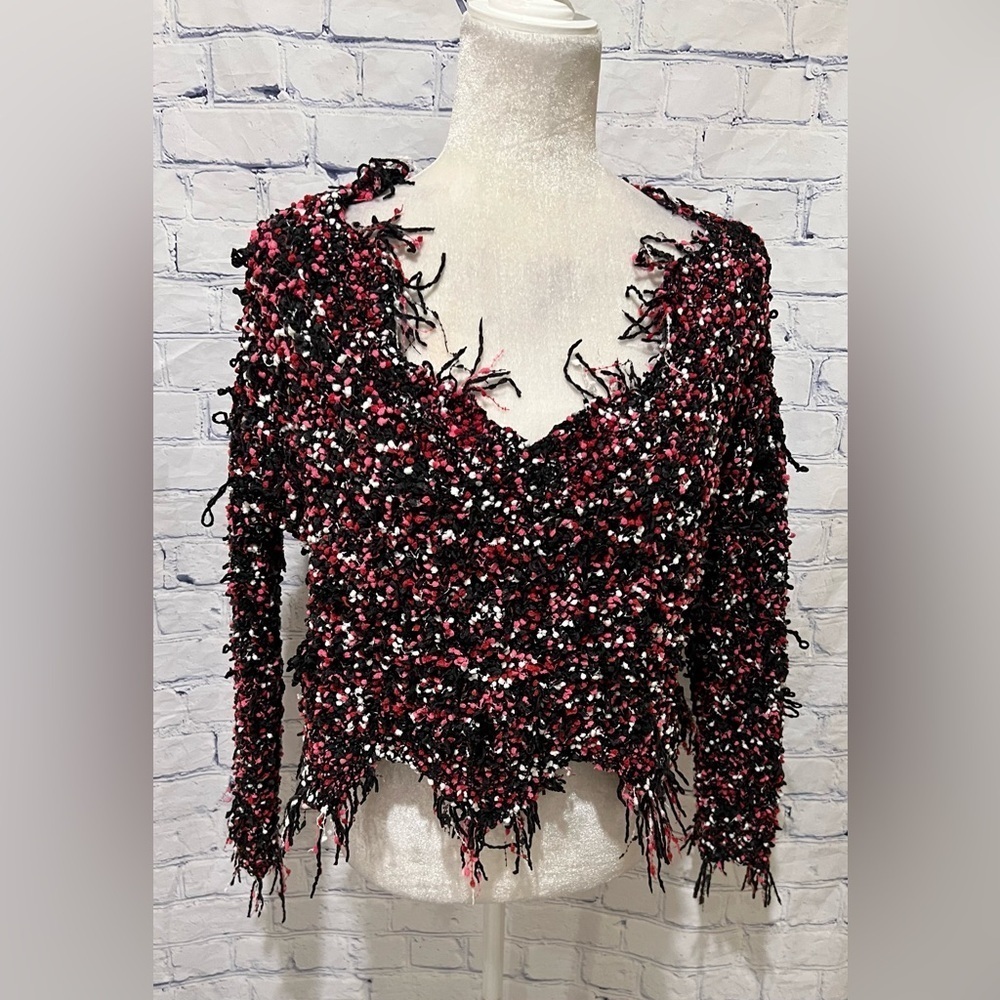No Comment V-neck long sleeve crop Red Pink And Black sweater size Medium
